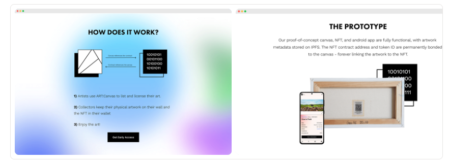 ART:Canvas platform showing how NFT licensing works and the prototype with physical canvas and mobile app