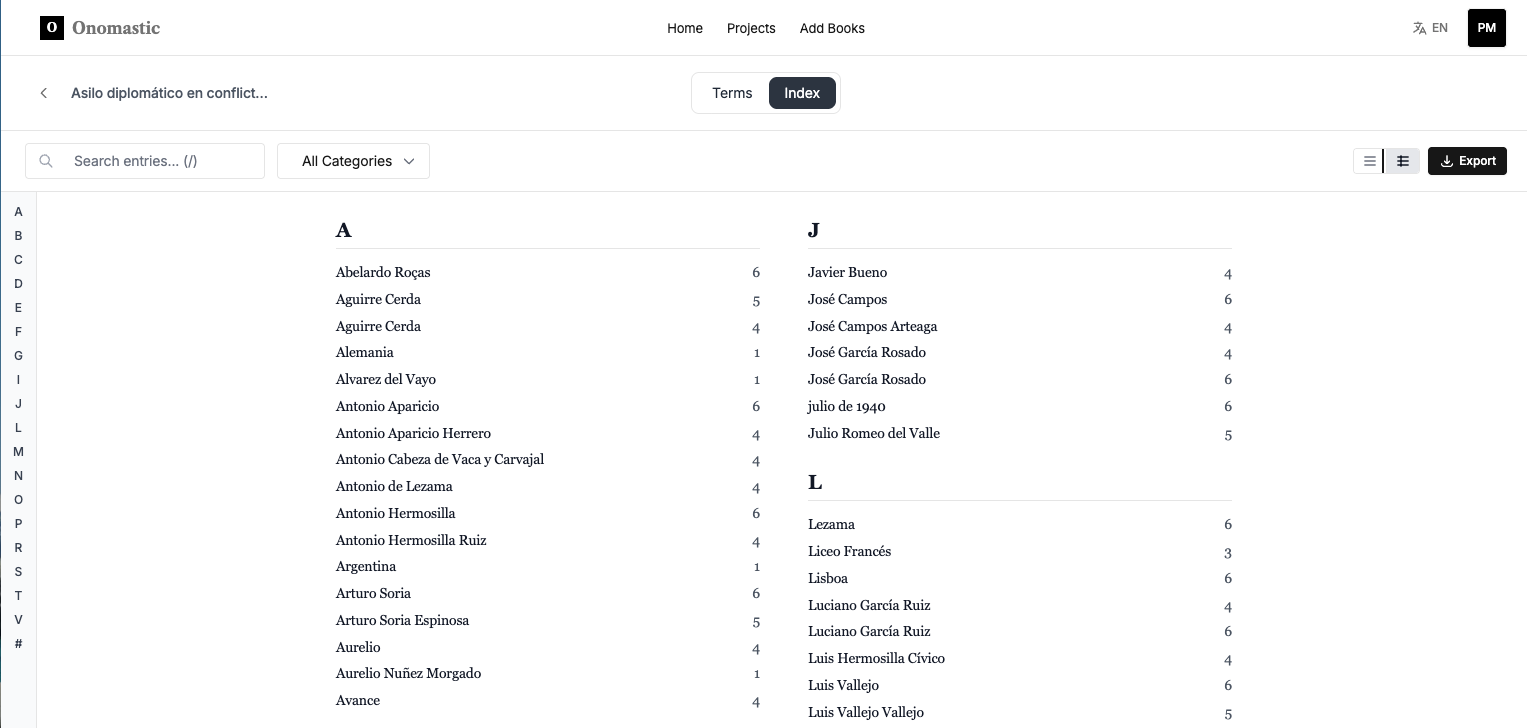 Onomastic AI book indexing interface showing alphabetical index entries